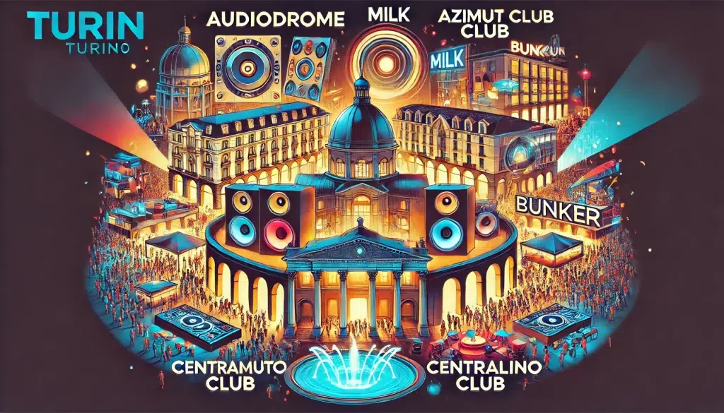 vibrant nightlife of Turin, showcasing popular nightclubs like Audiodrome, Milk Torino, Azimut Club, Centralino Club, and Bunker. The image depicts the energetic atmosphere with bright lights, dancing crowds, DJ booths, dance floors, and bar areas, reflecting both modern and historic architectural elements. This visual representation highlights the diverse and lively club scene in Turin.